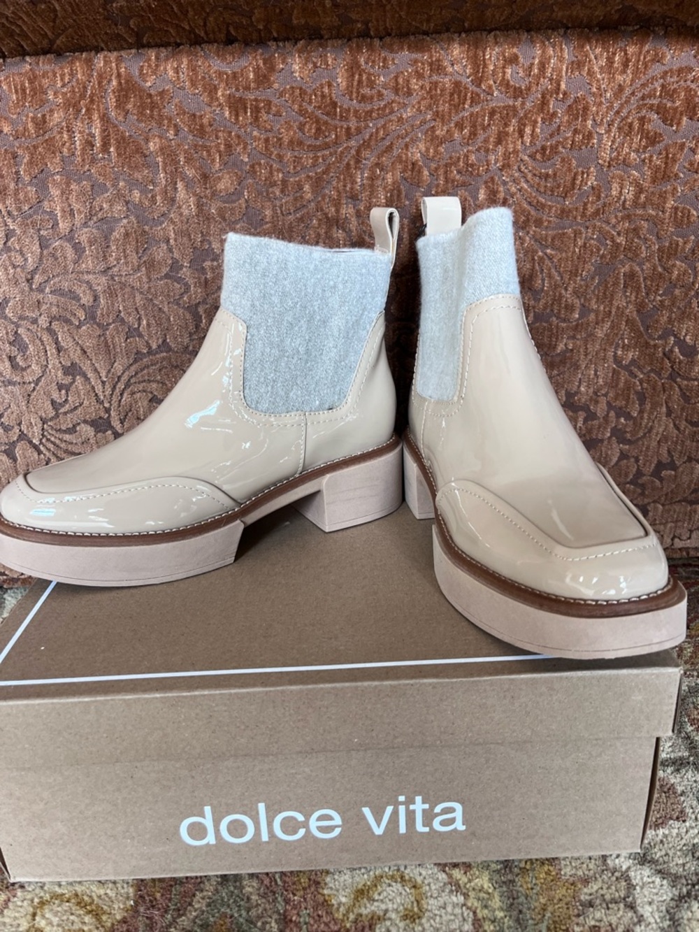 Dolce Vita Nude Patent Chelsea Booties with Light Gray Knit Collar